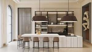 Living room island kitchen interior d render