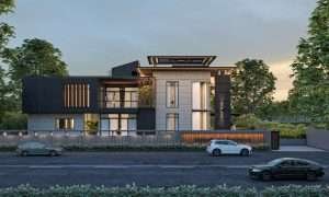 Bungalow front view evening exterior d render